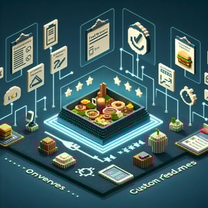 3D voxel art depicting the concept of online restaurant surveys on a dark blue background.