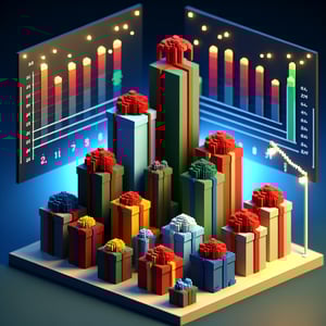 3D voxel art showcasing online Christmas shopping surveys on a dark blue background.