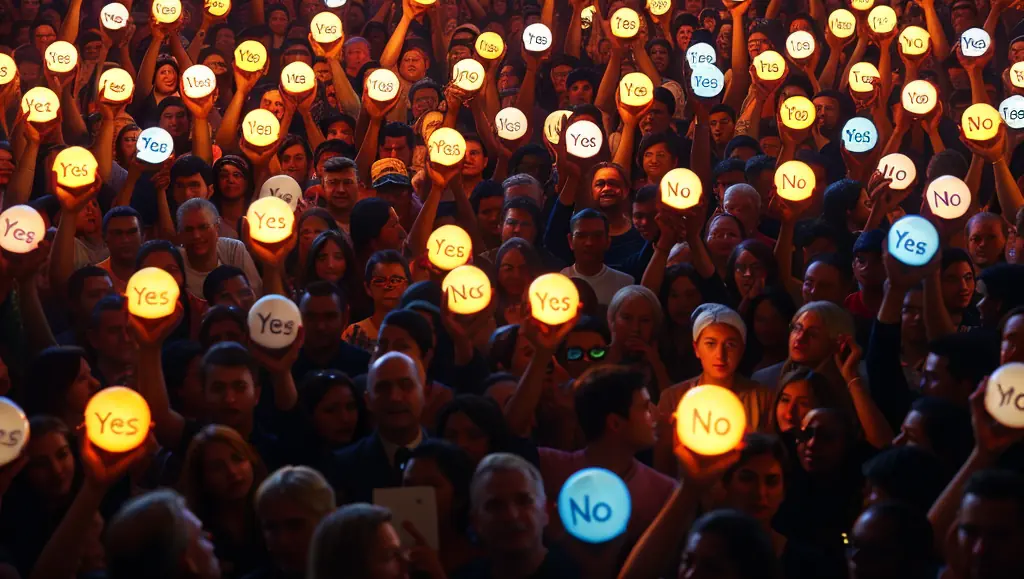 Diverse group of people sharing their opinions of either yes or no